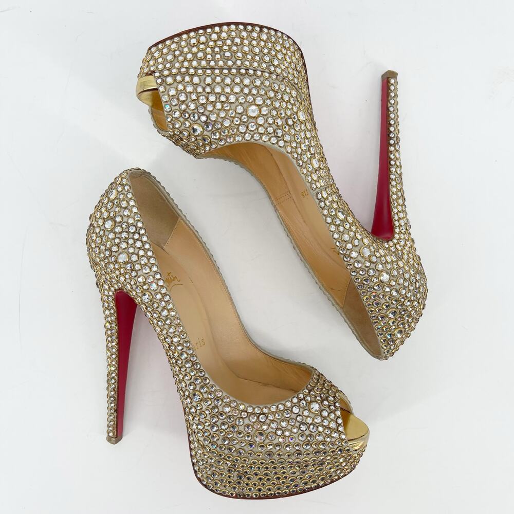 Christian Louboutin Gold Lady Peep 150 Ring Strass Platform Peep Toe Heels EU 37 - Picture 4 of 12